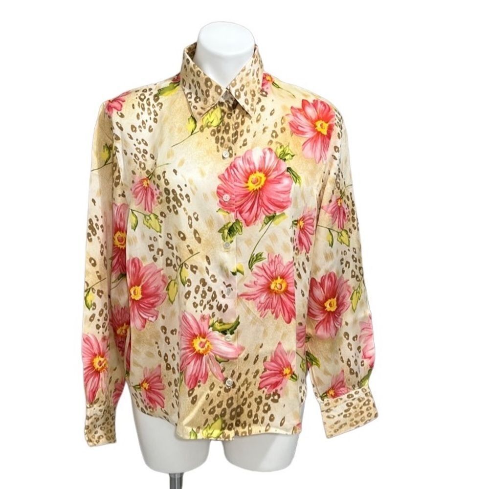 Starington Animal Print Blouse Satin Silk Sheer Floral Vintage Size 14